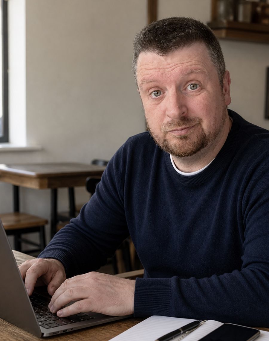 Adam Slee sitting at a laptop